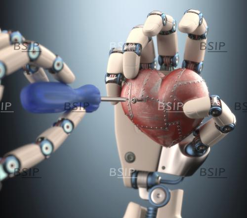 Robotic hand fixing heart, illustration