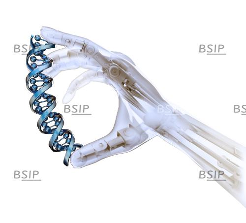 Robot hand holding DNA, illustration
